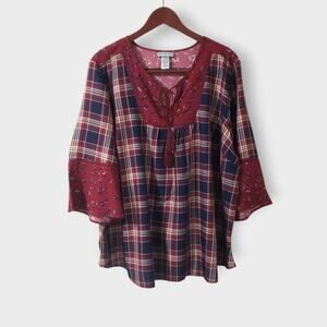 Catherine's 1X 18/20W Patchwork Floral Plaid Peasant Blouse Top Red Blue Cottage